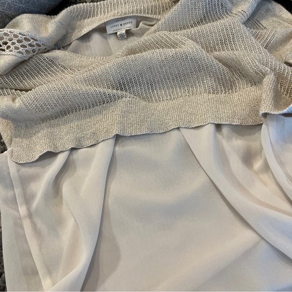 LUCKY BRAND Knit Metallic V-Neck Sweater Raglan Sleeves Lined Ivory Small Petite - Picture 5 of 9